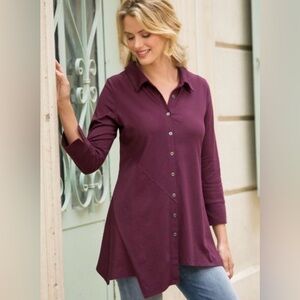 Soft Surroundings Plum Asymmetrical Santa Barbara 3/4 Sleeve Tunic Top Medium